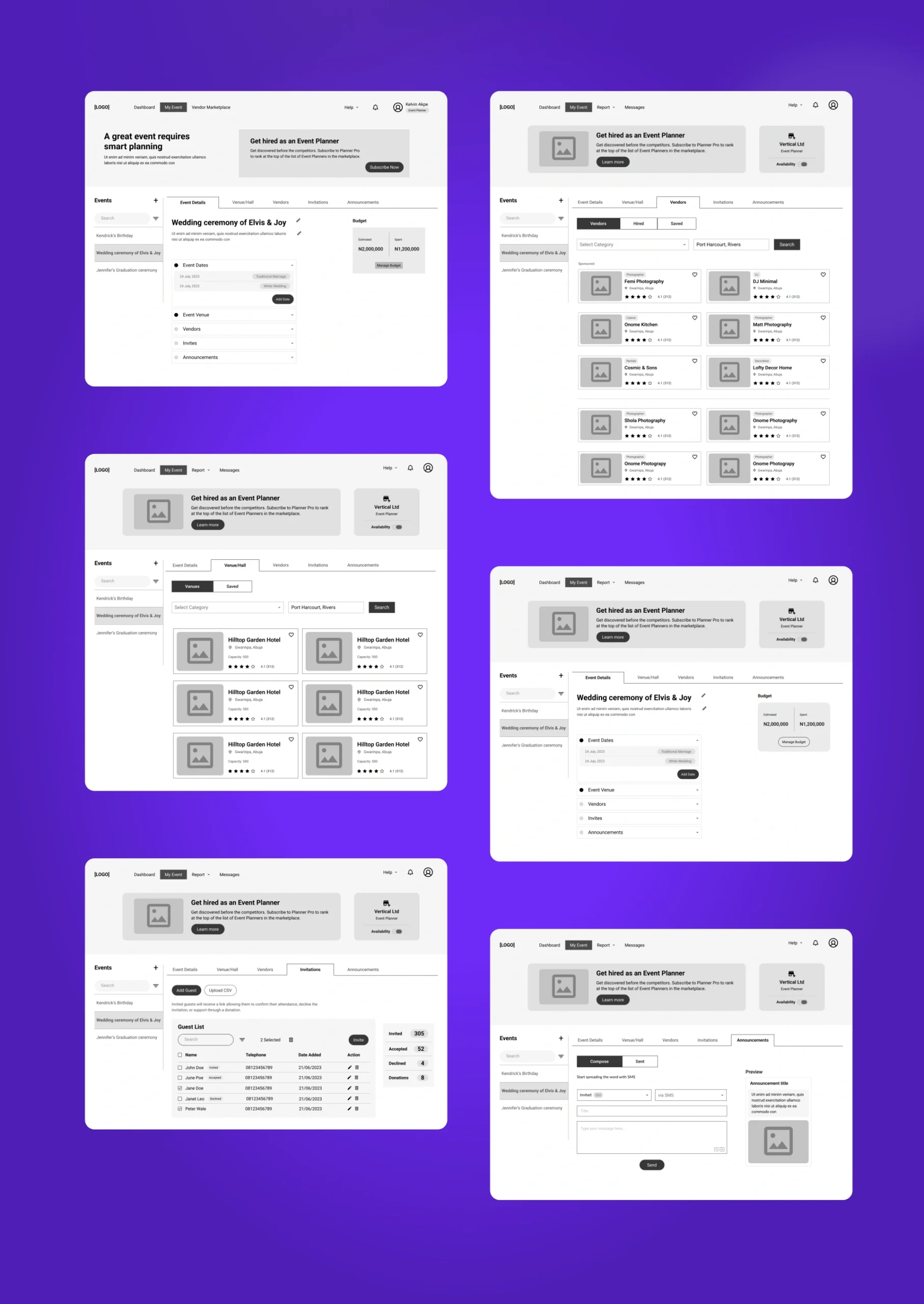 Event44 low fidelity wireframe