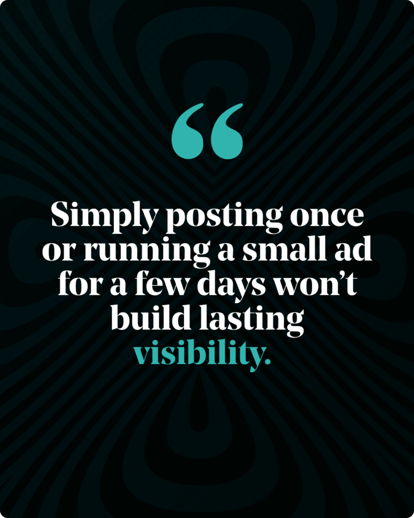 Posting once or running a small ad won't build lasting visibility